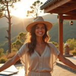 Smiling woman in hat by sunny patio in the mountains