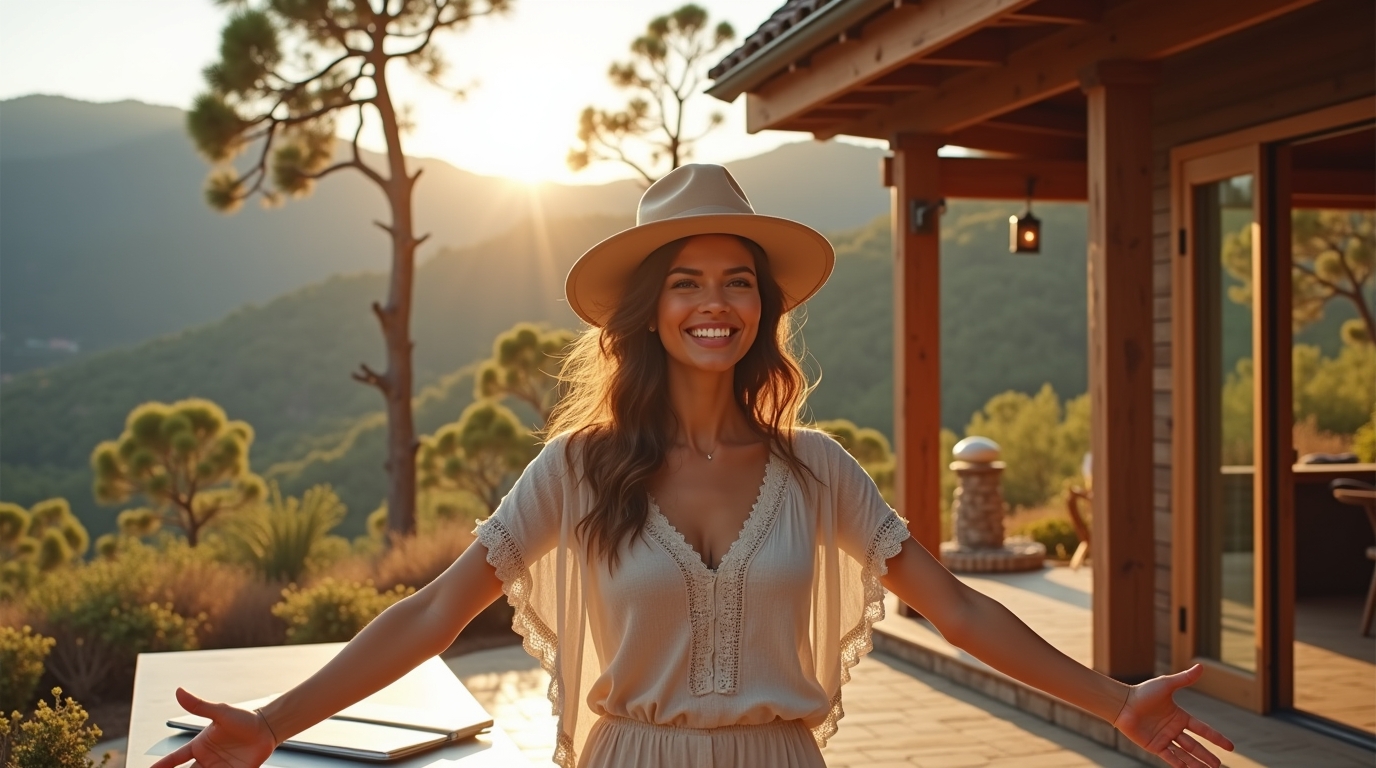 Smiling woman in hat by sunny patio in the mountains Smiling woman in hat by sunny patio in the mountains