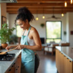 Woman cooking in modern kitchen with windows.