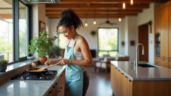 Woman cooking in modern kitchen with windows. Woman cooking in modern kitchen with windows.