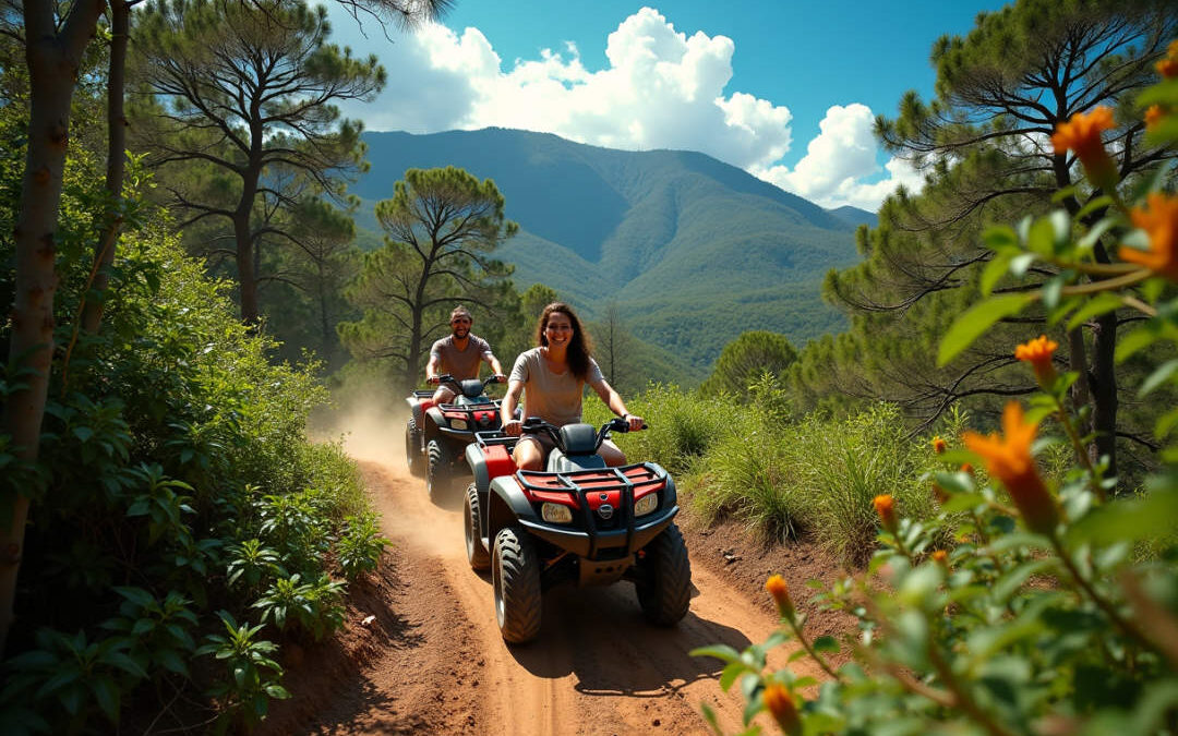 People riding ATVs on a forest trail.