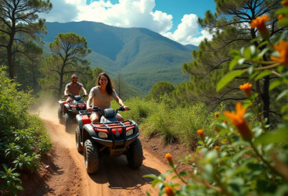 People riding ATVs on mountain trail, sunny day.