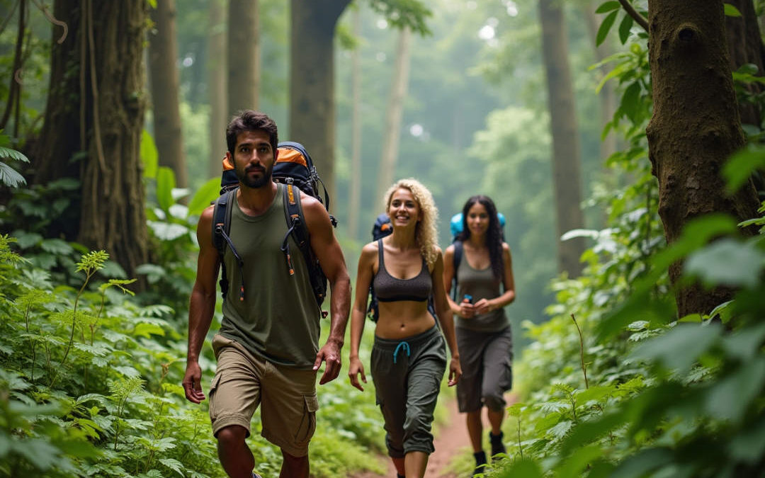 Group hiking through lush forest trail