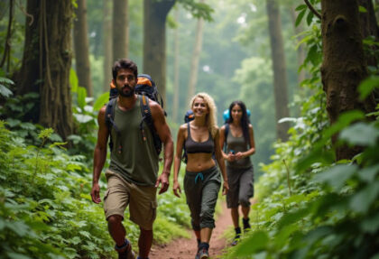 Group hiking in lush forest trail