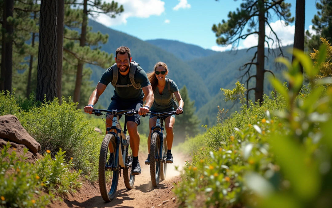Couple mountain biking through a forest trail.