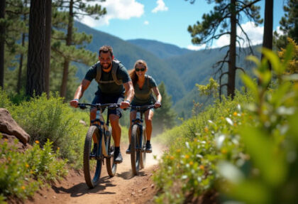 Couple mountain biking on scenic forest trail