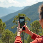 Woman photographing mountain landscape with smartphone.