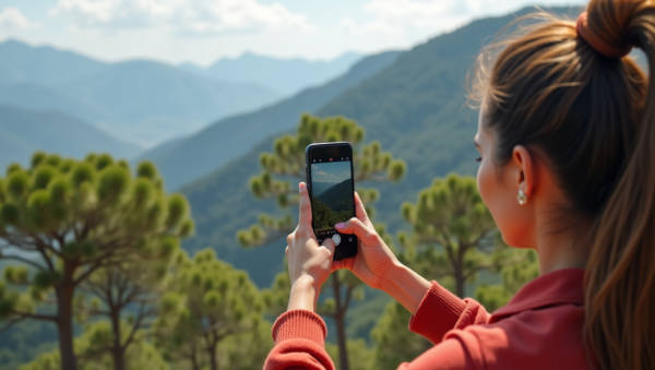 template Woman photographing mountain landscape with smartphone.