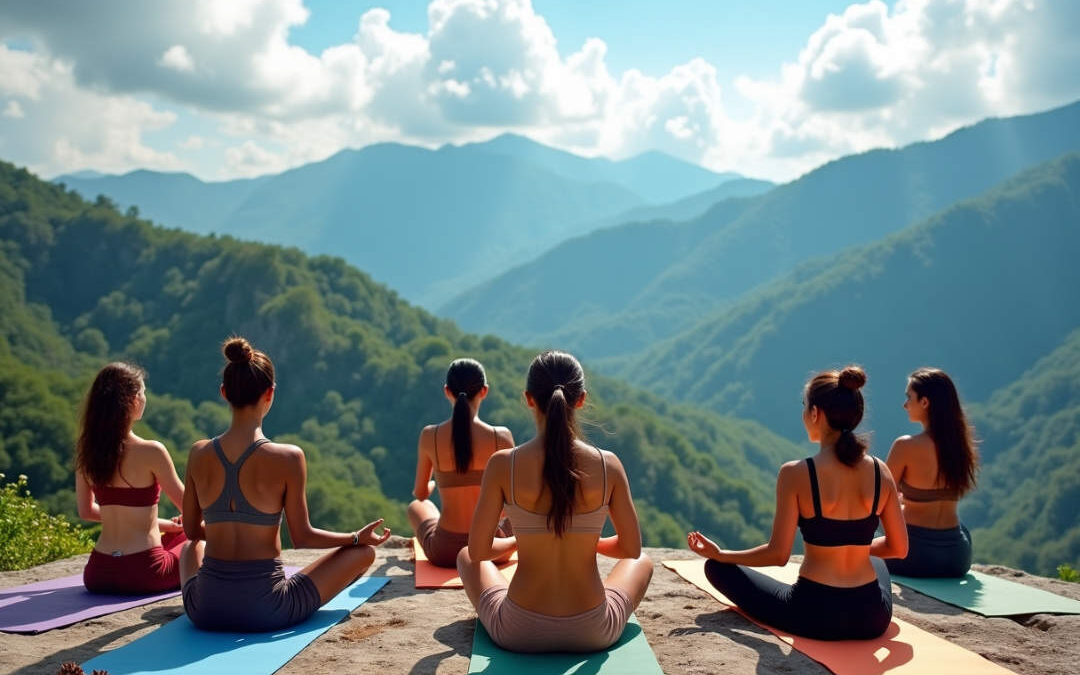 Women practicing yoga on mountain top