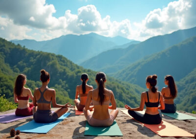 Hacer yoga al aire de la montaña