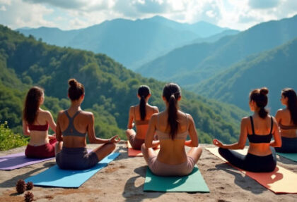 People meditating outdoors with mountain views.